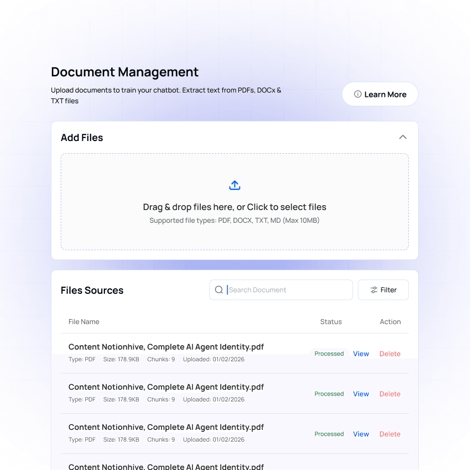 Upload Your Knowledge: Simply import your existing FAQs, documents, or website URLs. Our AI instantly reads and learns your business inside out.